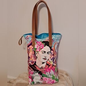 Frida Kahlo Image Artistic Multicolor Cotton Tote Bag with Brown Handles